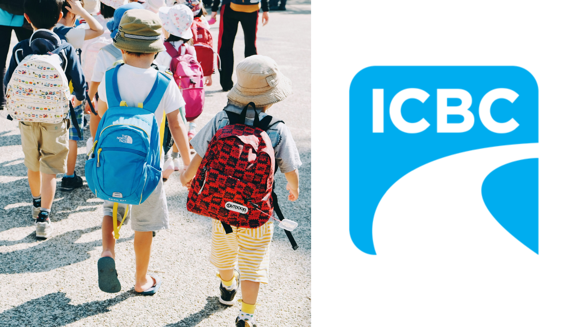ICBC logo in bright blue and white with geometric design next to children wearing backpacks walking on a street