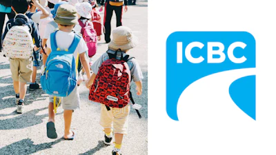 ICBC logo in bright blue and white with geometric design next to children wearing backpacks walking on a street