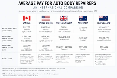 International comparison chart showing average hourly wages and annual salaries for auto body repairers across Canada, USA, UK, Australia, and New Zealand as of 2025.