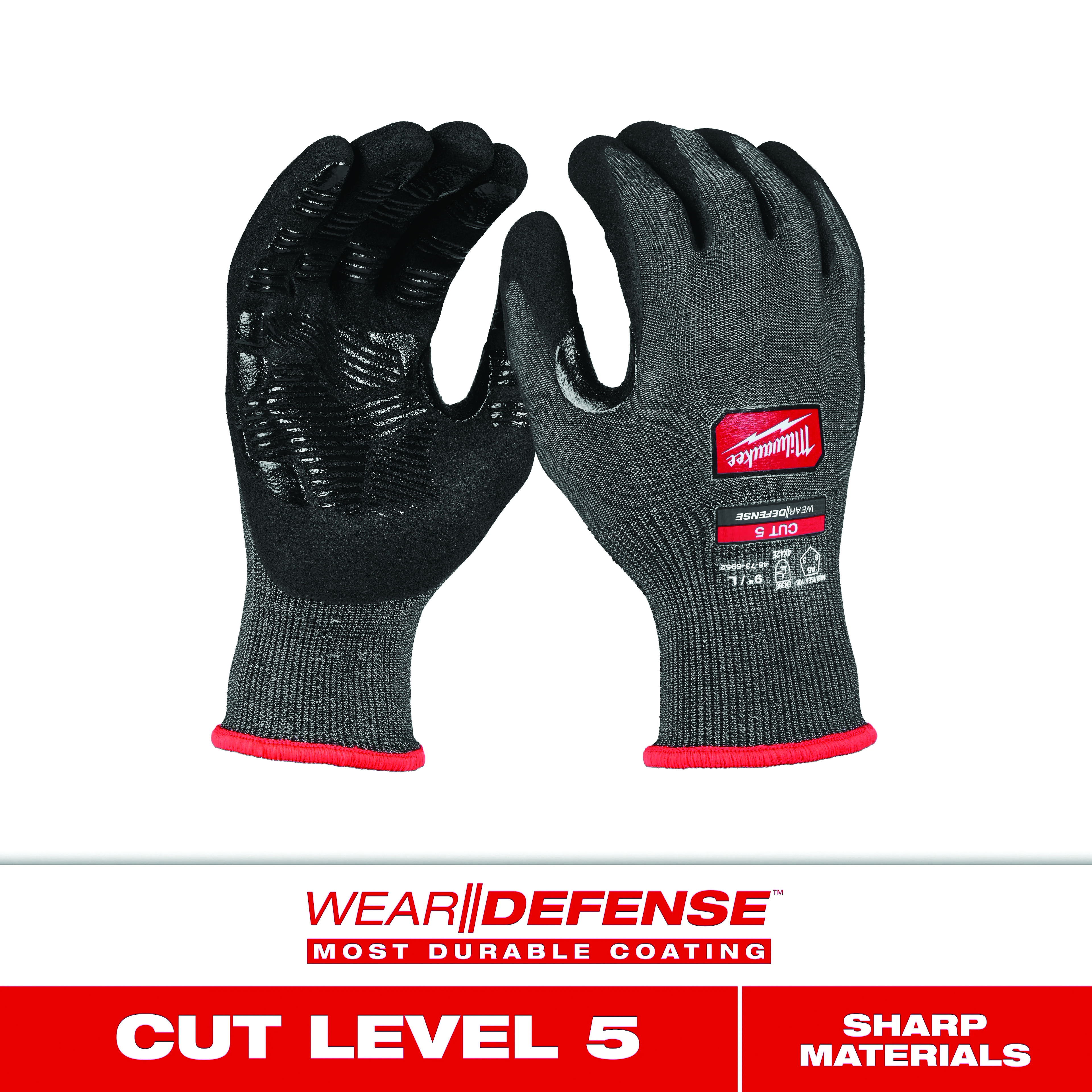 Milwaukee WEAR//DEFENSE cut level 5 work gloves with gray knit exterior and black grip coating
