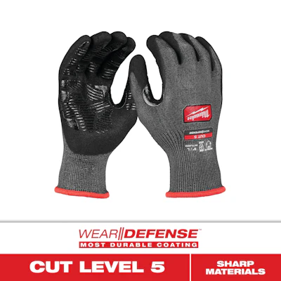 Milwaukee WEAR//DEFENSE cut level 5 work gloves with gray knit exterior and black grip coating