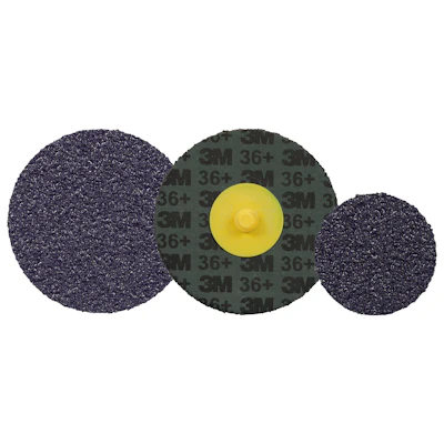 Three 3M abrasive sanding discs with yellow center attachment, varying in size