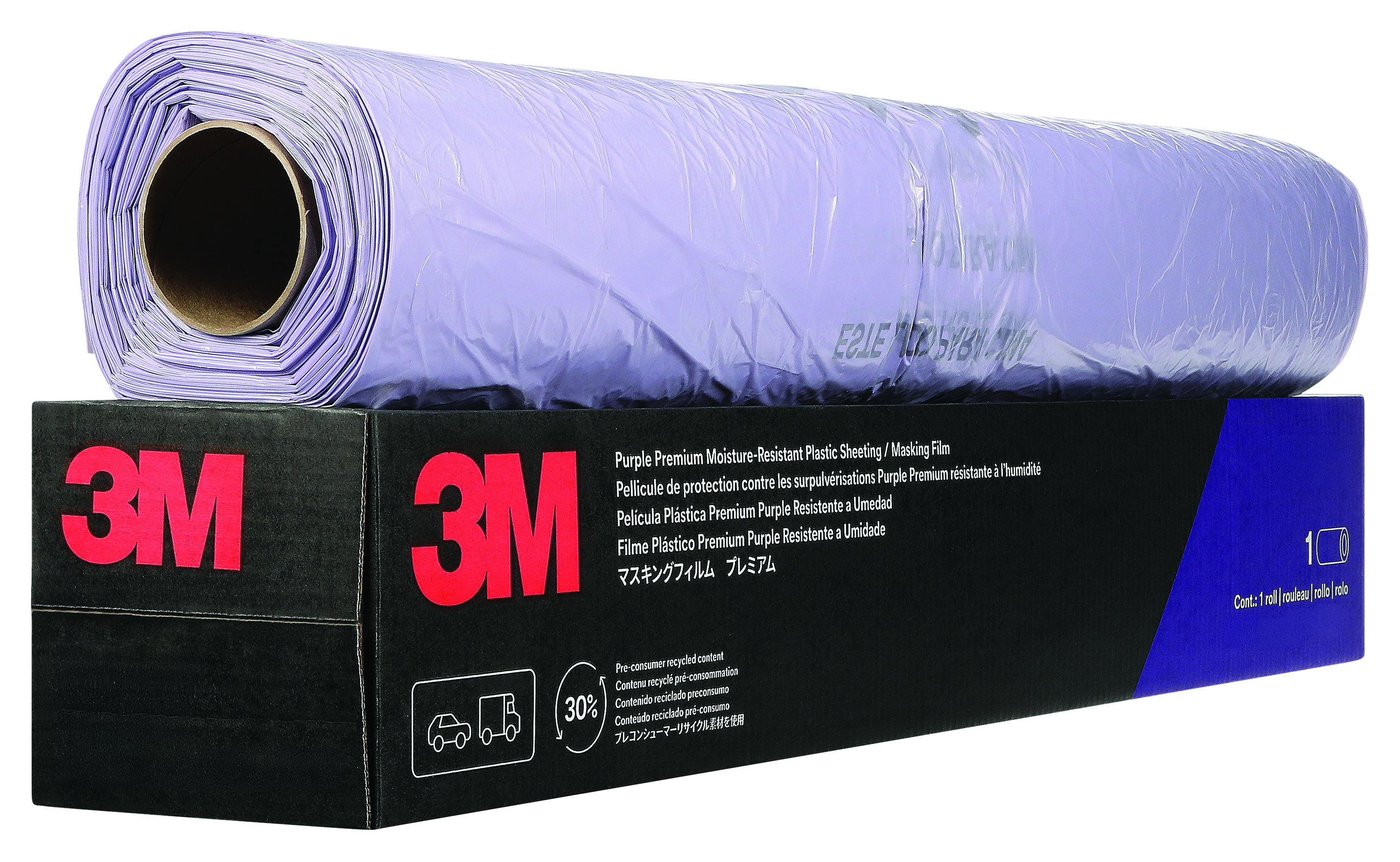 3M Purple Premium Moisture-Resistant Plastic Sheeting roll with black product packaging box