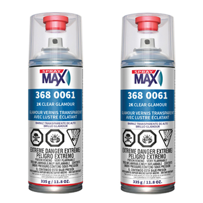 Two Spray Max 2K Clear Glamour aerosol cans with red caps and blue product labels