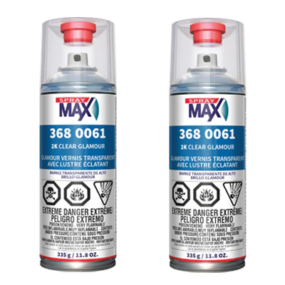 Two Spray Max 2K Clear Glamour aerosol cans with red caps and blue product labels