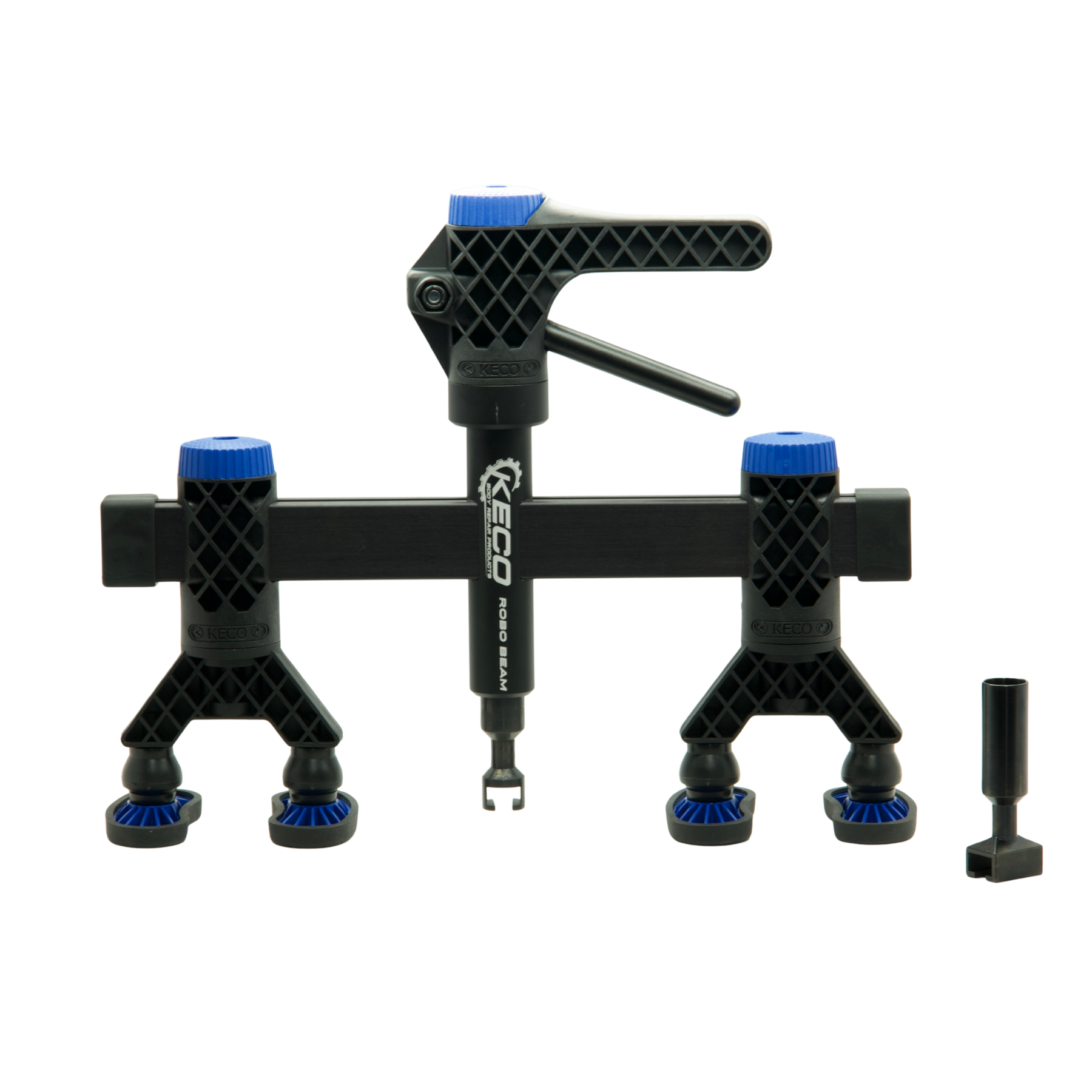 Black and blue mechanical clamping tool kit with adjustable arms and multiple mounting points
