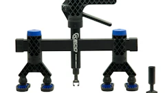 Black and blue mechanical clamping tool kit with adjustable arms and multiple mounting points