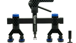 Black and blue mechanical clamping tool kit with adjustable arms and multiple mounting points