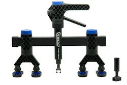 Black and blue mechanical clamping tool kit with adjustable arms and multiple mounting points