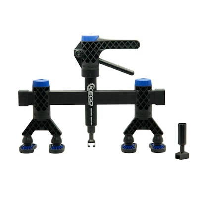 Black and blue mechanical clamping tool kit with adjustable arms and multiple mounting points