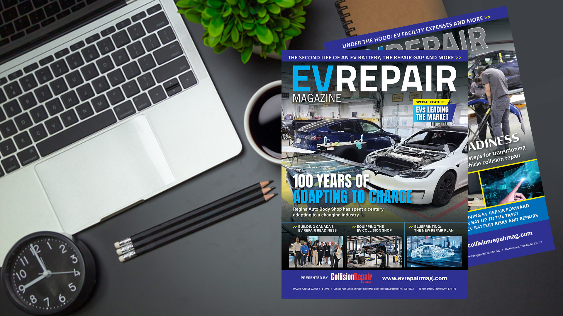 EV Repair Magazine cover featuring electric vehicle repair topic with laptop and desk accessories