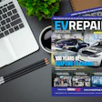 EV Repair Magazine cover featuring electric vehicle repair topic with laptop and desk accessories