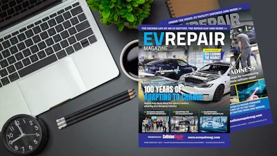 EV Repair Magazine cover featuring electric vehicle repair topic with laptop and desk accessories