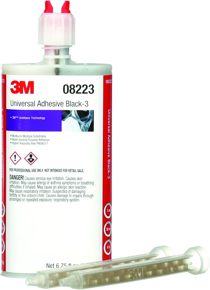 3M Universal Adhesive Black-3 cartridge with dual-barrel applicator and safety information label