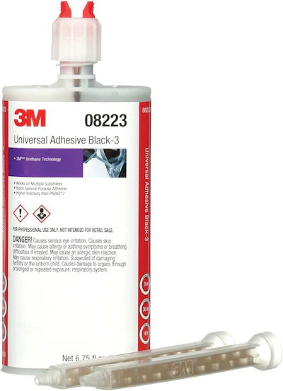 3M Universal Adhesive Black-3 cartridge with dual-barrel applicator and safety information label