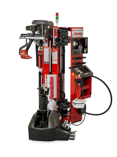 Red and black automatic tire changer machine with pneumatic arm and control panel for vehicle wheel service