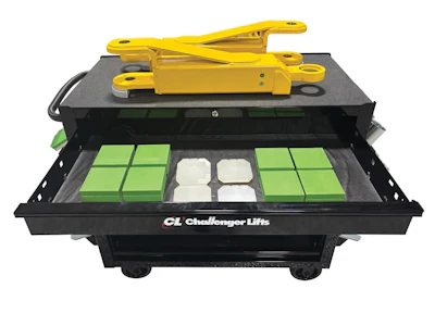 CL Challenger Lifts vehicle lift system with yellow hydraulic arms and green storage compartments