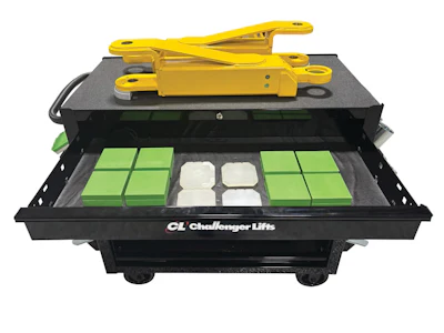 CL Challenger Lifts vehicle lift system with yellow hydraulic arms and green storage compartments