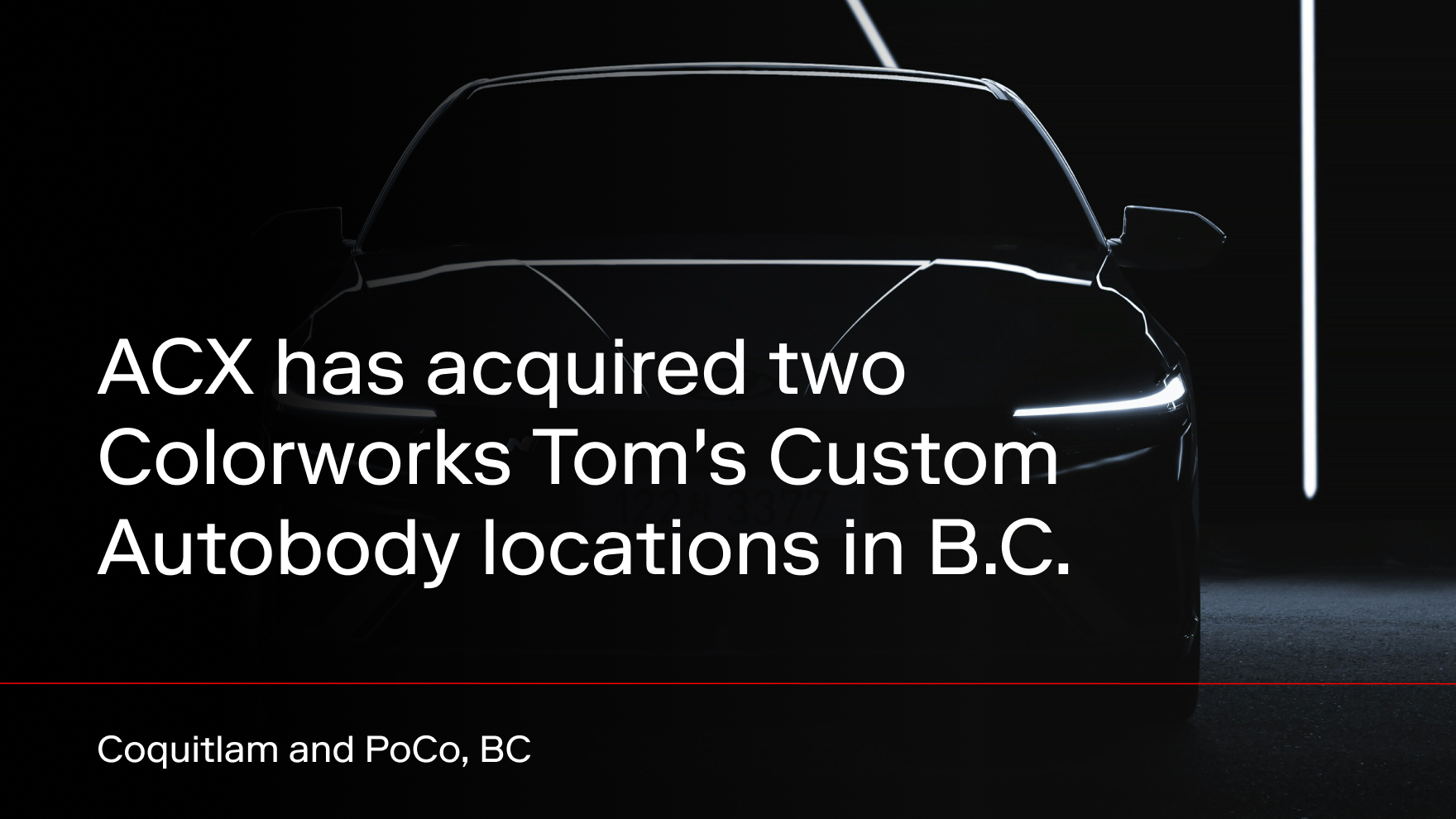 ACX acquires Colorworks Tom's Custom Autobody locations in Coquitlam and PoCoBC announcement with vehicle silhouette