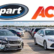 Gopart and ACV logos above damaged and intact vehicles in an outdoor auction lot