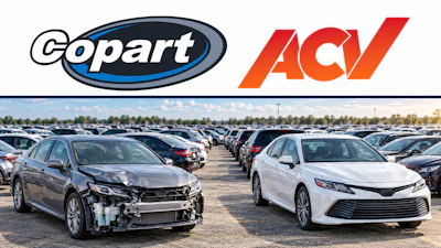 Gopart and ACV logos above damaged and intact vehicles in an outdoor auction lot