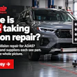 Collision repair shop promoting ADAS calibration survey with vehicle on alignment rack and testing equipment
