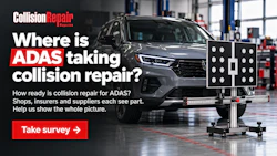 Collision repair shop promoting ADAS calibration survey with vehicle on alignment rack and testing equipment