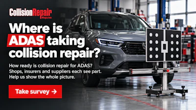 Collision repair shop promoting ADAS calibration survey with vehicle on alignment rack and testing equipment