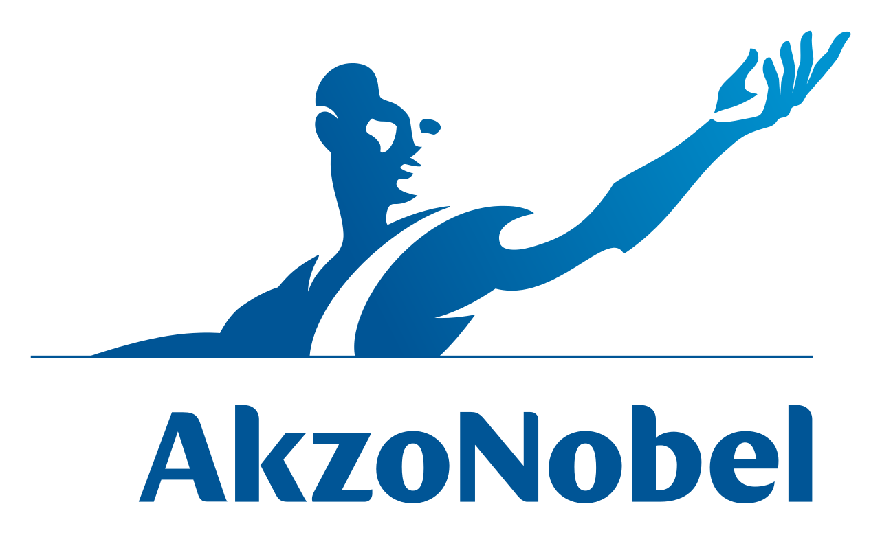 AkzoNobel logo featuring blue silhouette of human figure with flowing wave forms and company name