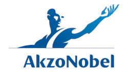 AkzoNobel logo featuring blue silhouette of human figure with flowing wave forms and company name