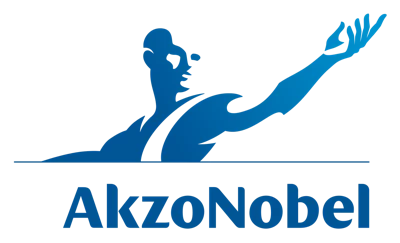 AkzoNobel logo featuring blue silhouette of human figure with flowing wave forms and company name