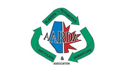 AARDA Alberta Automotive Recyclers and Dismantlers Association logo with green recycling arrows and Alberta map emblem
