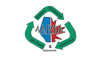 AARDA Alberta Automotive Recyclers and Dismantlers Association logo with green recycling arrows and Alberta map emblem