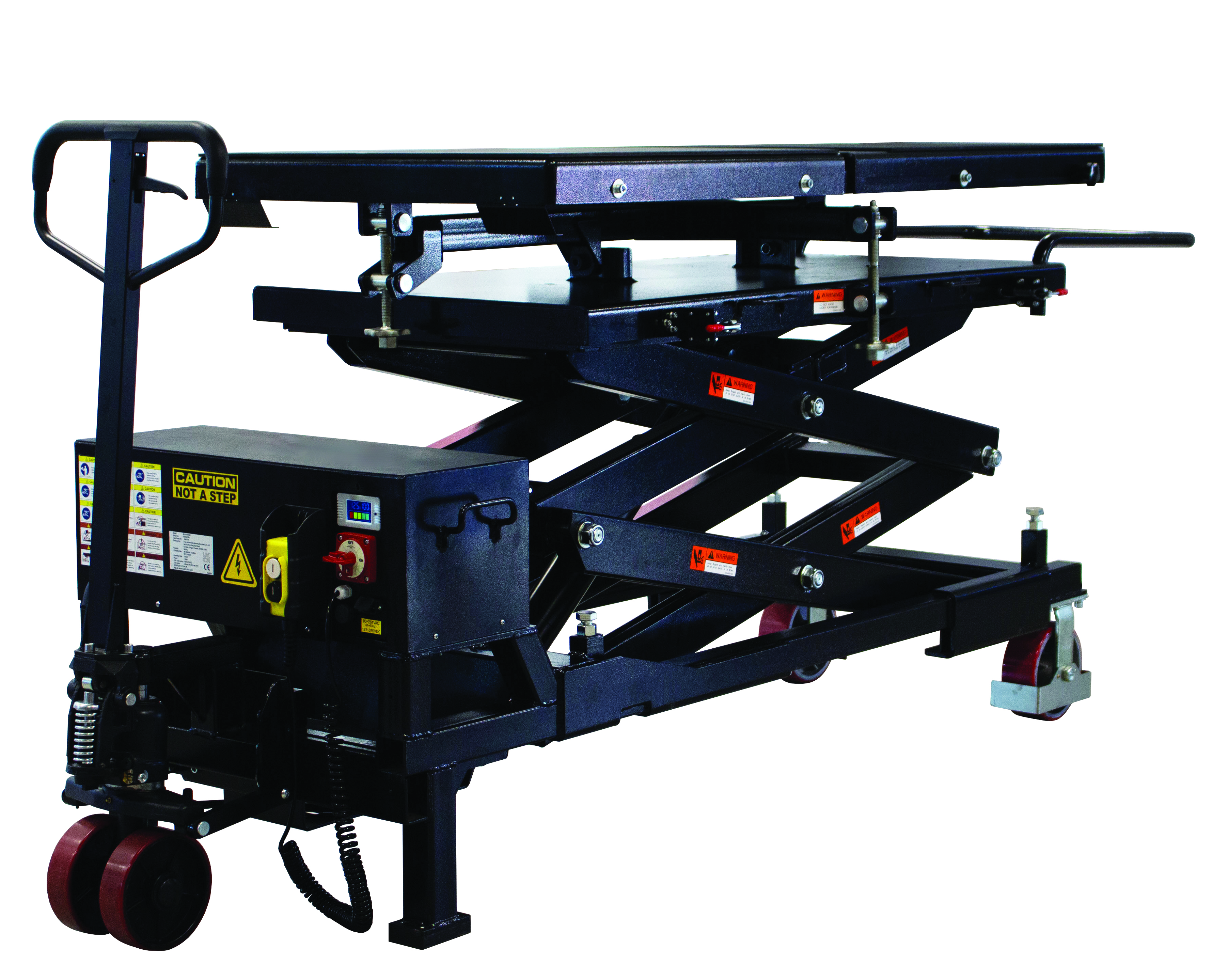 Black mobile scissor lift platform with hydraulic mechanism and control panel for elevated work access