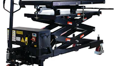 Black mobile scissor lift platform with hydraulic mechanism and control panel for elevated work access