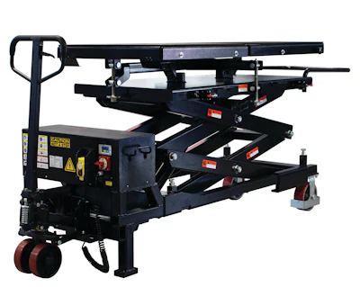 Black mobile scissor lift platform with hydraulic mechanism and control panel for elevated work access
