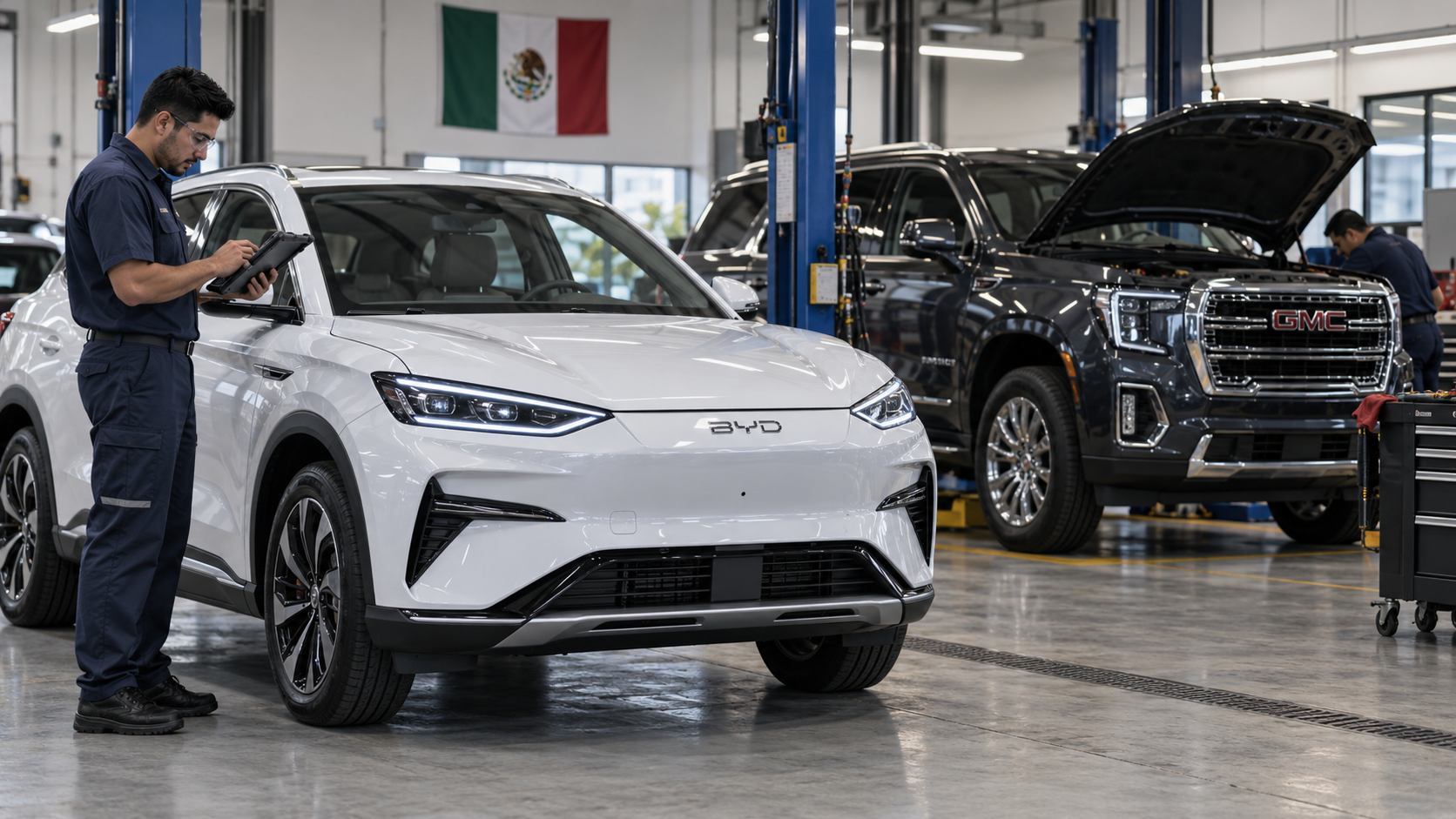 Technician inspecting white BYD electric vehicle in automotive service facility with black GMC truck and Mexican flag visible