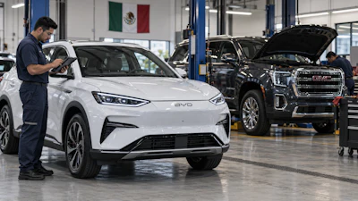 Technician inspecting white BYD electric vehicle in automotive service facility with black GMC truck and Mexican flag visible