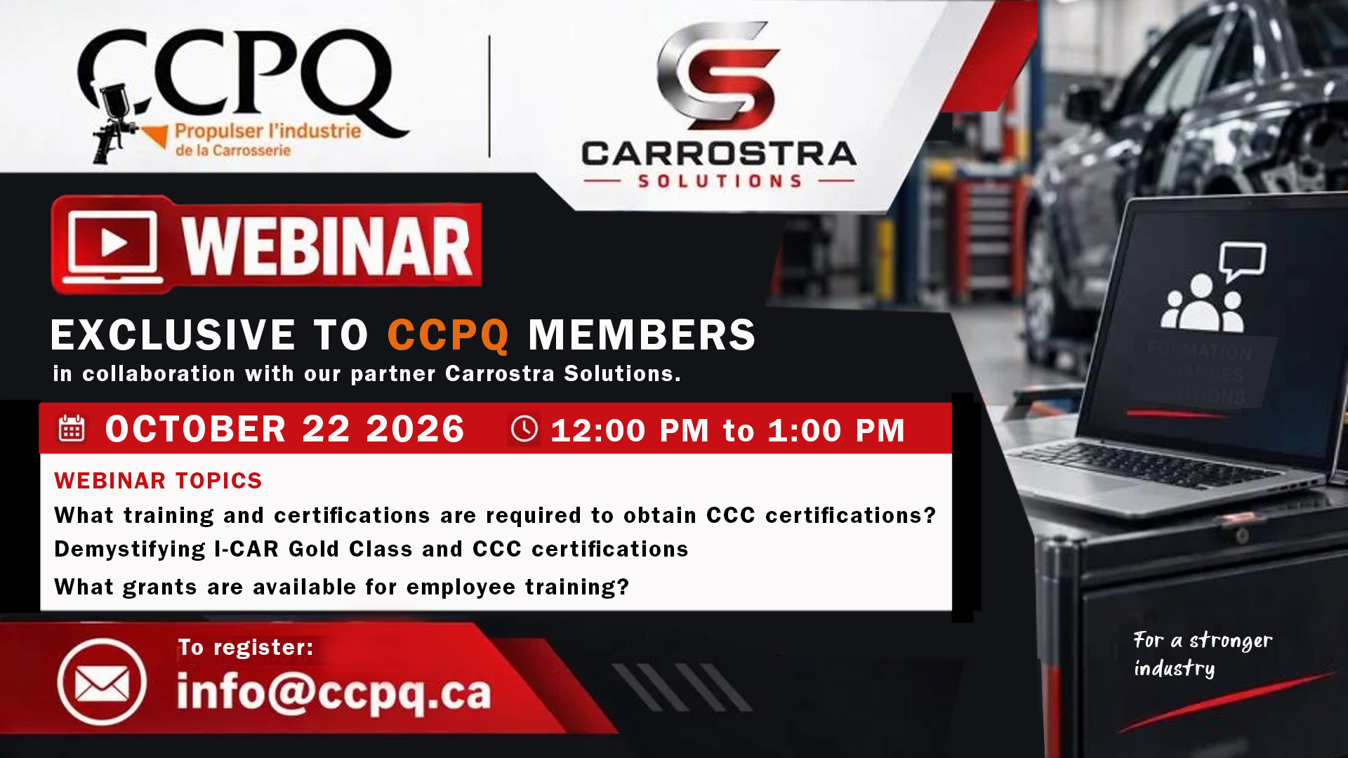 CCPQ and Carrostra Solutions webinar announcement for October 22, 2026 on CCC certifications and employee training grants