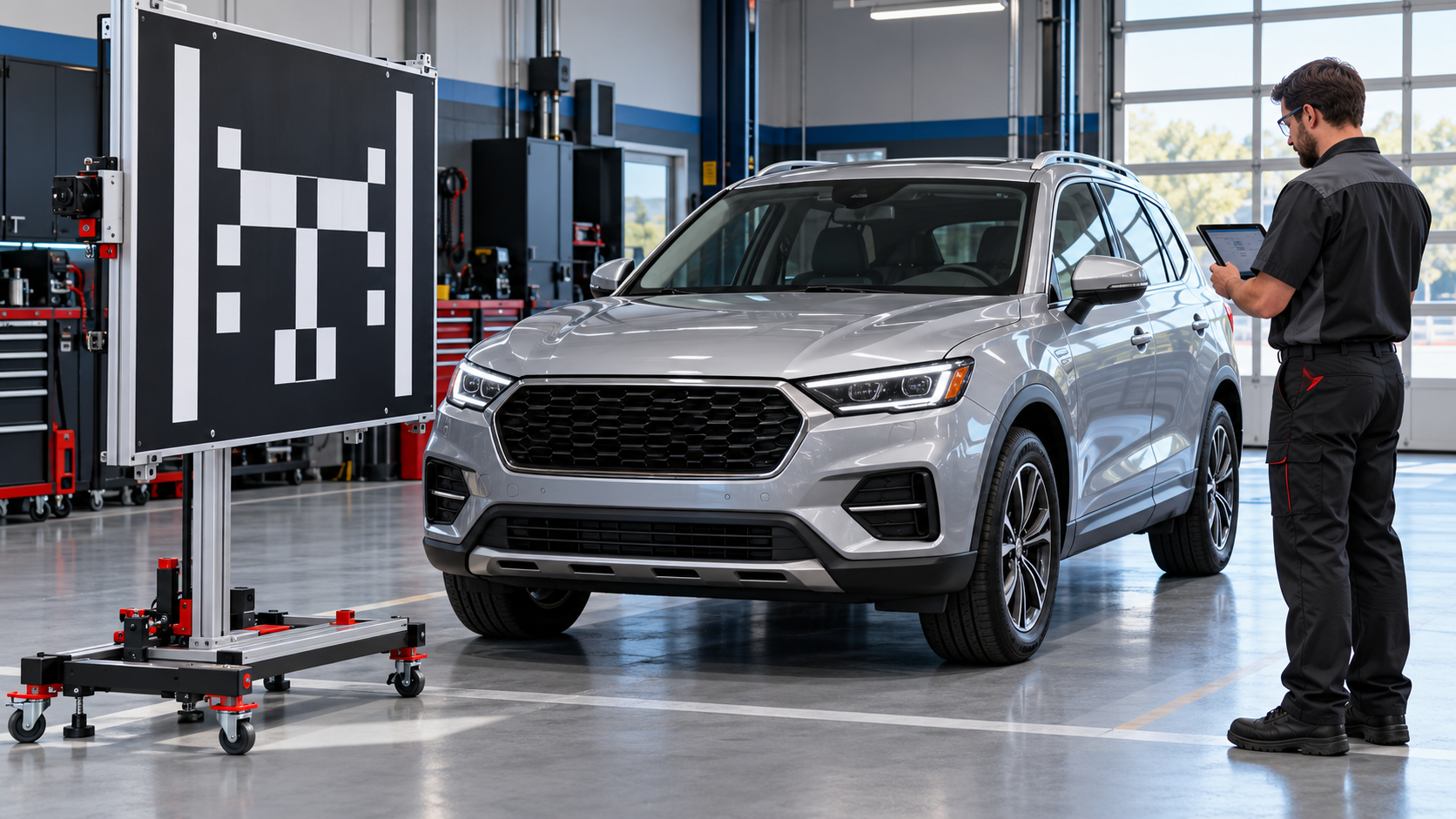 Technician performing vehicle alignment check on silver SUV in modern automotive service facility