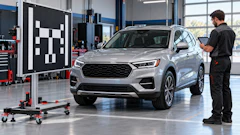 Technician performing vehicle alignment check on silver SUV in modern automotive service facility