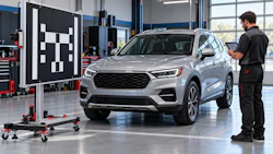 Technician performing vehicle alignment check on silver SUV in modern automotive service facility