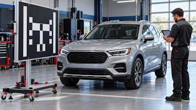 Technician performing vehicle alignment check on silver SUV in modern automotive service facility