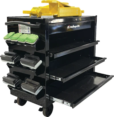 Black mobile tool cart with yellow lifting mechanism, multiple drawers, and wheels for workshop organization