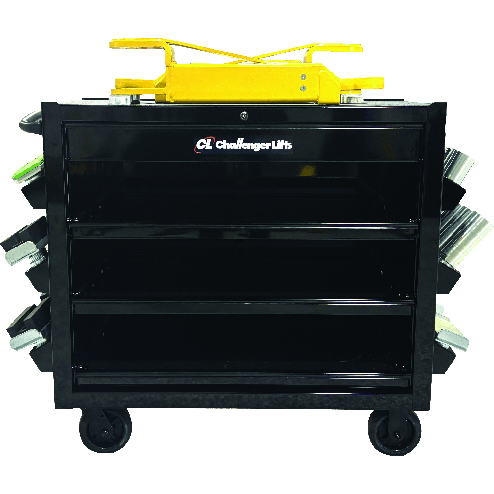Black mobile tool chest with yellow pneumatic lift mechanism mounted on top and side storage compartments