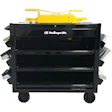 Black mobile tool chest with yellow pneumatic lift mechanism mounted on top and side storage compartments