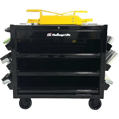 Black mobile tool chest with yellow pneumatic lift mechanism mounted on top and side storage compartments