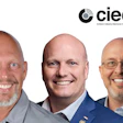 Three professional men in business attire smiling at camera with CIECA logo