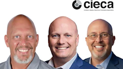 Three professional men in business attire smiling at camera with CIECA logo