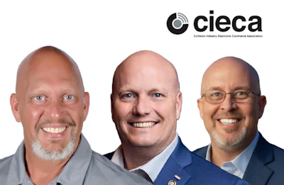 Three professional men in business attire smiling at camera with CIECA logo